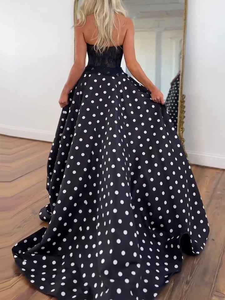 Black White Polka Dot Strapless Lace Corset Prom Dress