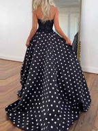 Black White Polka Dot Strapless Lace Corset Prom Dress
