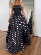 Black White Polka Dot Strapless Lace Corset Prom Dress