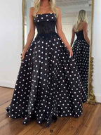 Black White Polka Dot Strapless Lace Corset Prom Dress