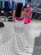 Retro Chic Polka Dot Mermaid Prom Dress With Pink Bow Detail