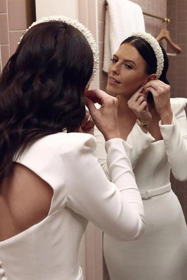 Retro Satin Lange Ärmel Sweep Schleppe Etuikleid Brautkleid