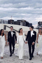 Retro Satin Lange Ärmel Sweep Schleppe Etuikleid Brautkleid