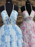 Romantic Floral Print Prom Dress With Pearl Beaded Halter Corset