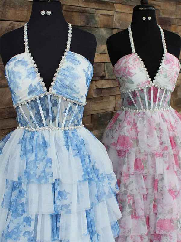 Romantic Floral Print Prom Dress With Pearl Beaded Halter Corset