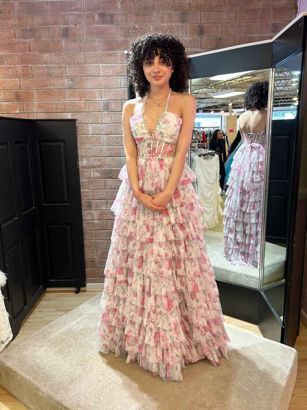 Romantic Floral Print Prom Dress With Pearl Beaded Halter Corset
