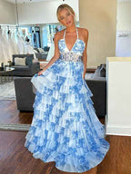 Romantic Floral Print Prom Dress With Pearl Beaded Halter Corset