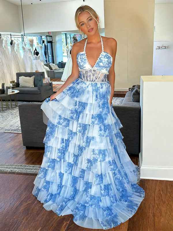 Romantic Floral Print Prom Dress With Pearl Beaded Halter Corset