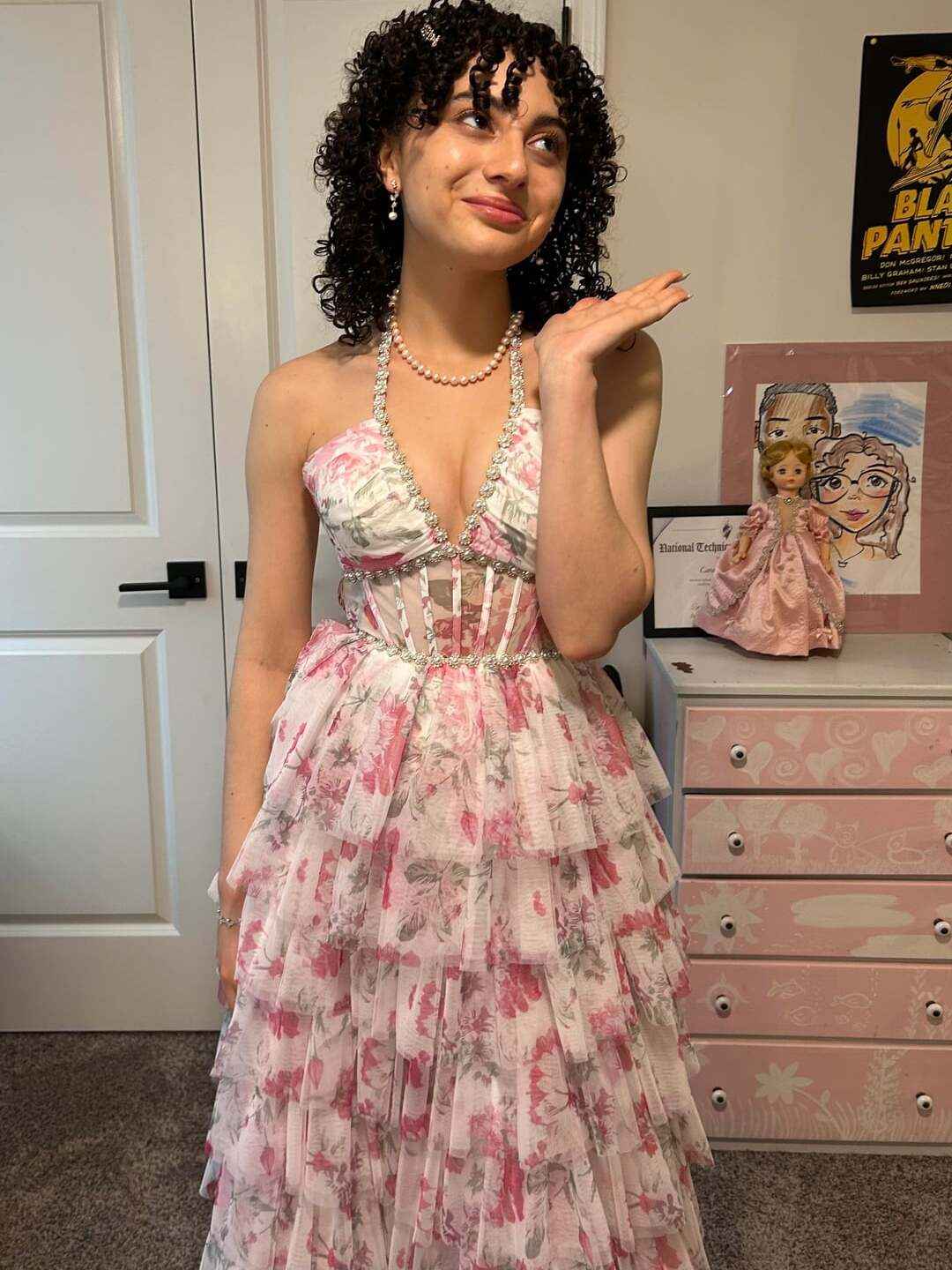 Romantic Floral Print Prom Dress With Pearl Beaded Halter Corset