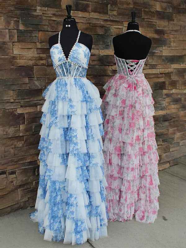 Romantic Floral Print Prom Dress With Pearl Beaded Halter Corset