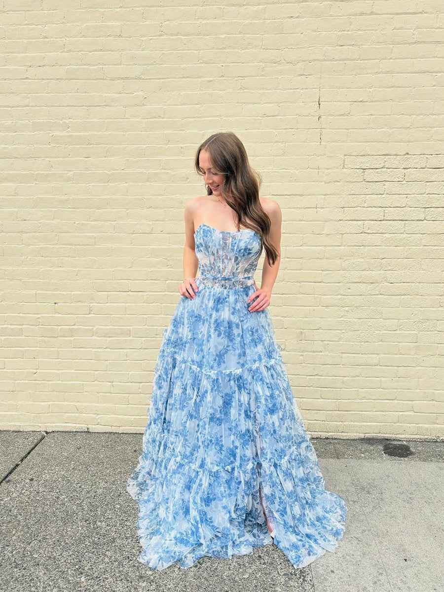 Blue Floral Strapless Corset Prom Dress With Tiered Skirt