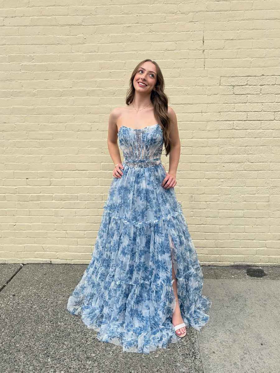 Blue Floral Strapless Corset Prom Dress With Tiered Skirt
