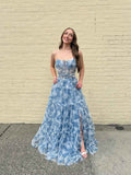 Blue Floral Strapless Corset Prom Dress With Tiered Skirt