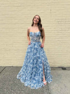 Blue Floral Strapless Corset Prom Dress With Tiered Skirt