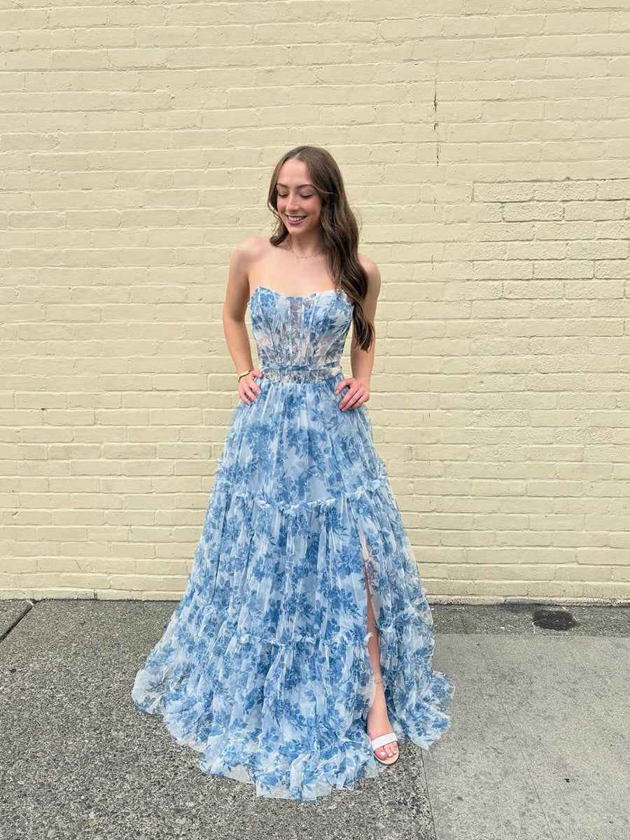 Blue Floral Strapless Corset Prom Dress With Tiered Skirt