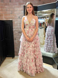 Romantic Floral Print Prom Dress With Pearl Beaded Halter Corset