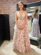 Romantic Floral Print Prom Dress With Pearl Beaded Halter Corset