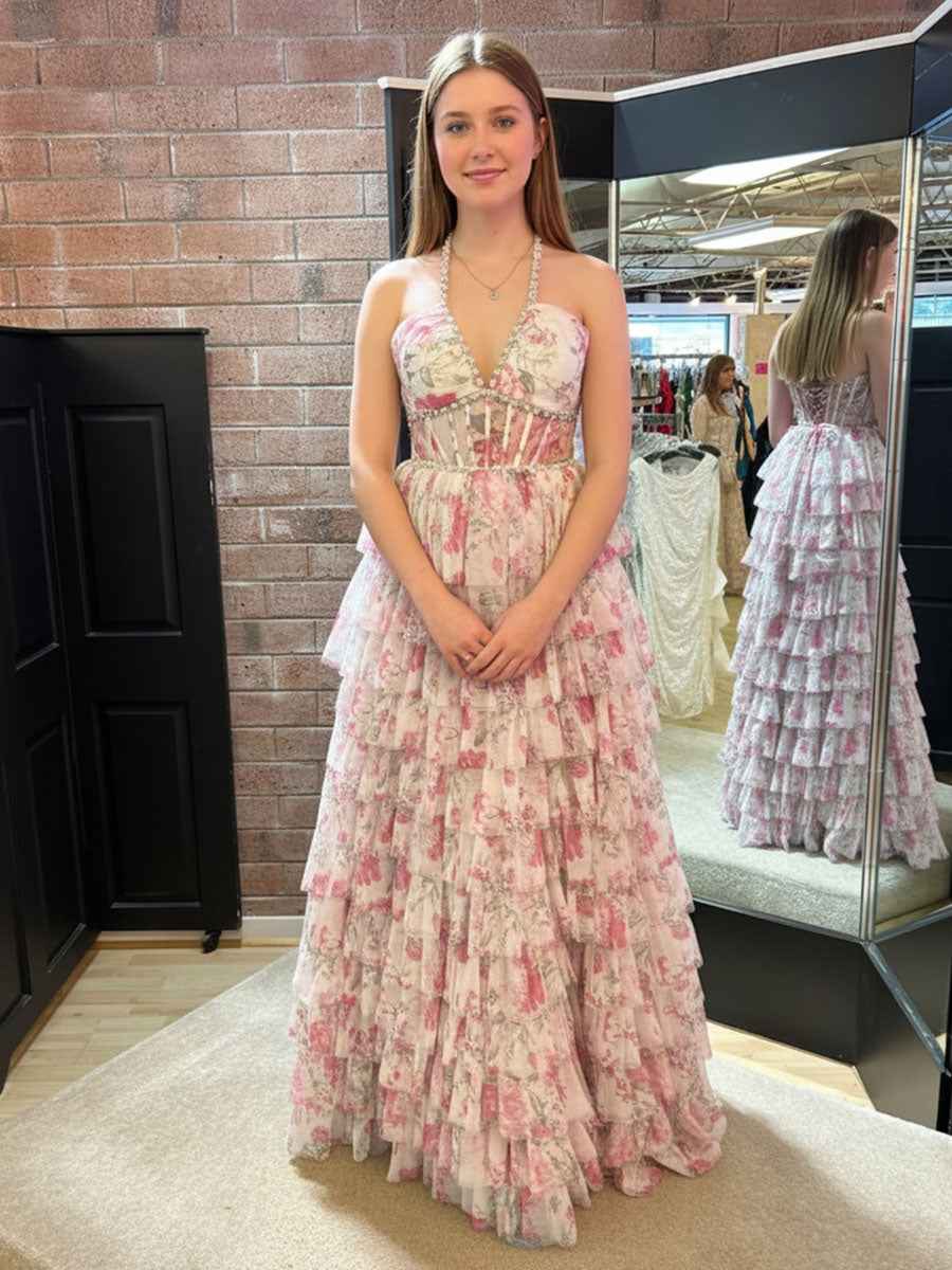 Romantic Floral Print Prom Dress With Pearl Beaded Halter Corset
