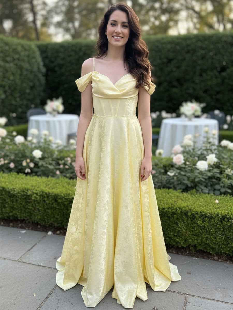 Romantic Pale Yellow Off Shoulder Jacquard A Line Prom Gown