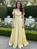 Romantic Pale Yellow Off Shoulder Jacquard A Line Prom Gown