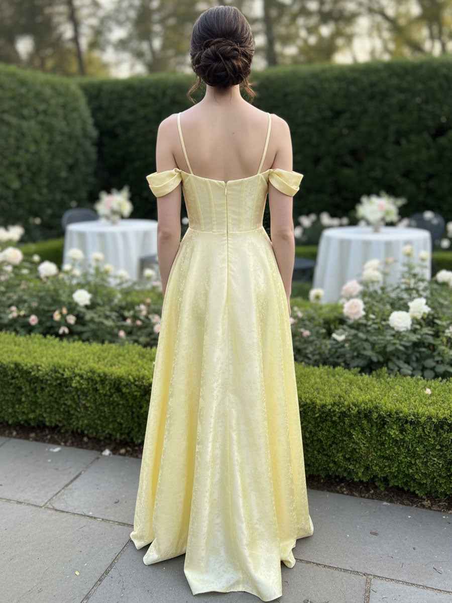 Romantic Pale Yellow Off Shoulder Jacquard A Line Prom Gown