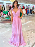 Romantic Pink Chiffon Tiered A Line Prom Dress With Ruffle Shoulders