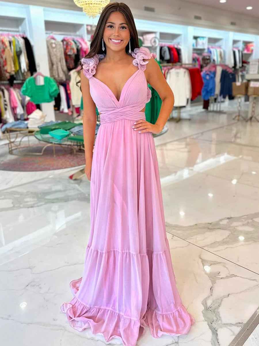Romantic Pink Chiffon Tiered A Line Prom Dress With Ruffle Shoulders