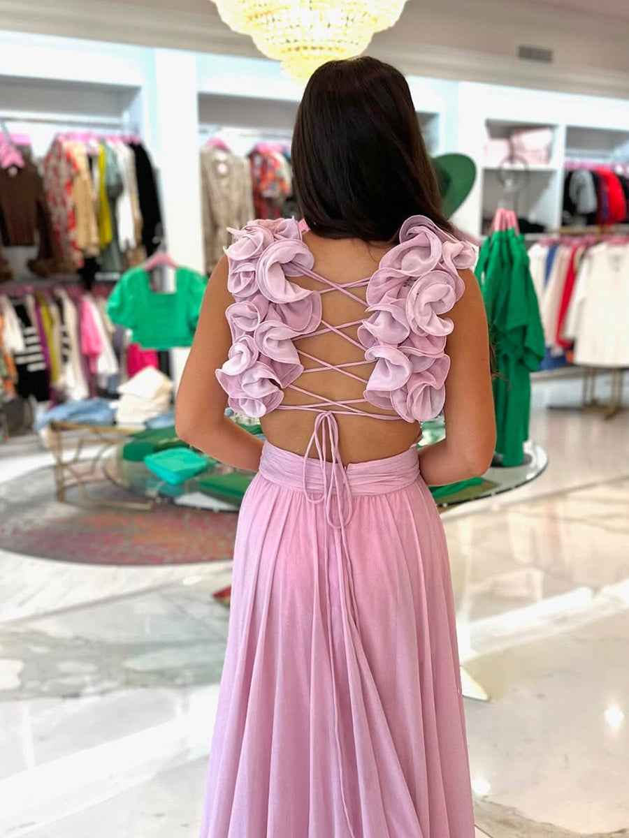 Romantic Pink Chiffon Tiered A Line Prom Dress With Ruffle Shoulders