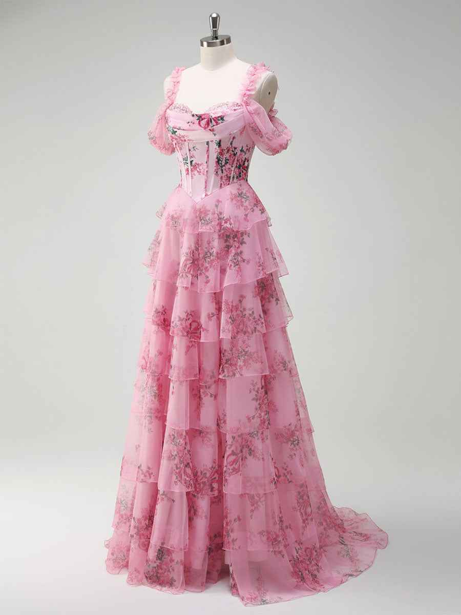 Romantic Pink Floral Corset Bodice Prom Gown With Tiered Ruffles