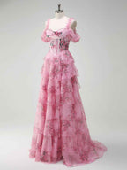Romantic Pink Floral Corset Bodice Prom Gown With Tiered Ruffles
