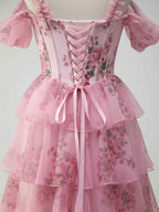 Romantic Pink Floral Corset Bodice Prom Gown With Tiered Ruffles