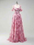 Romantic Pink Floral Corset Bodice Prom Gown With Tiered Ruffles