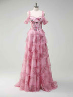 Romantic Pink Floral Corset Bodice Prom Gown With Tiered Ruffles