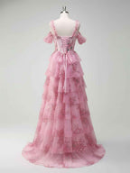 Romantic Pink Floral Corset Bodice Prom Gown With Tiered Ruffles