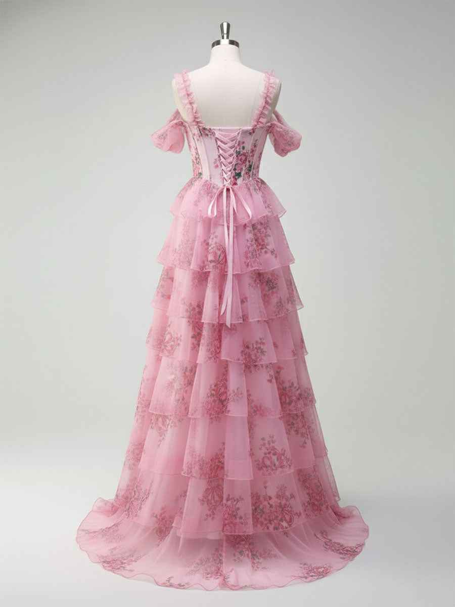 Romantic Pink Floral Corset Bodice Prom Gown With Tiered Ruffles