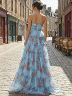 Romantic Pink Floral Tiered Prom Dress With Cut-Out Detail