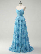 Romantic Pink Floral Tiered Prom Dress With Cut-Out Detail