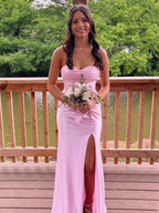 Soft Pink Satin Prom Dress With Strapless Cowl Neck And Corset Bodice