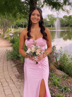 Soft Pink Satin Prom Dress With Strapless Cowl Neck And Corset Bodice