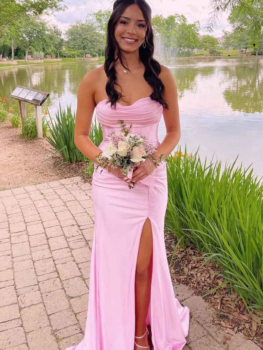 Soft Pink Satin Prom Dress With Strapless Cowl Neck And Corset Bodice