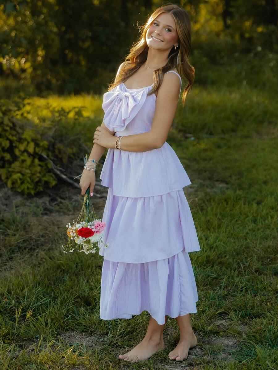 Lavender Tiered Long Prom Dress With Oversized Bow Bodice Detail