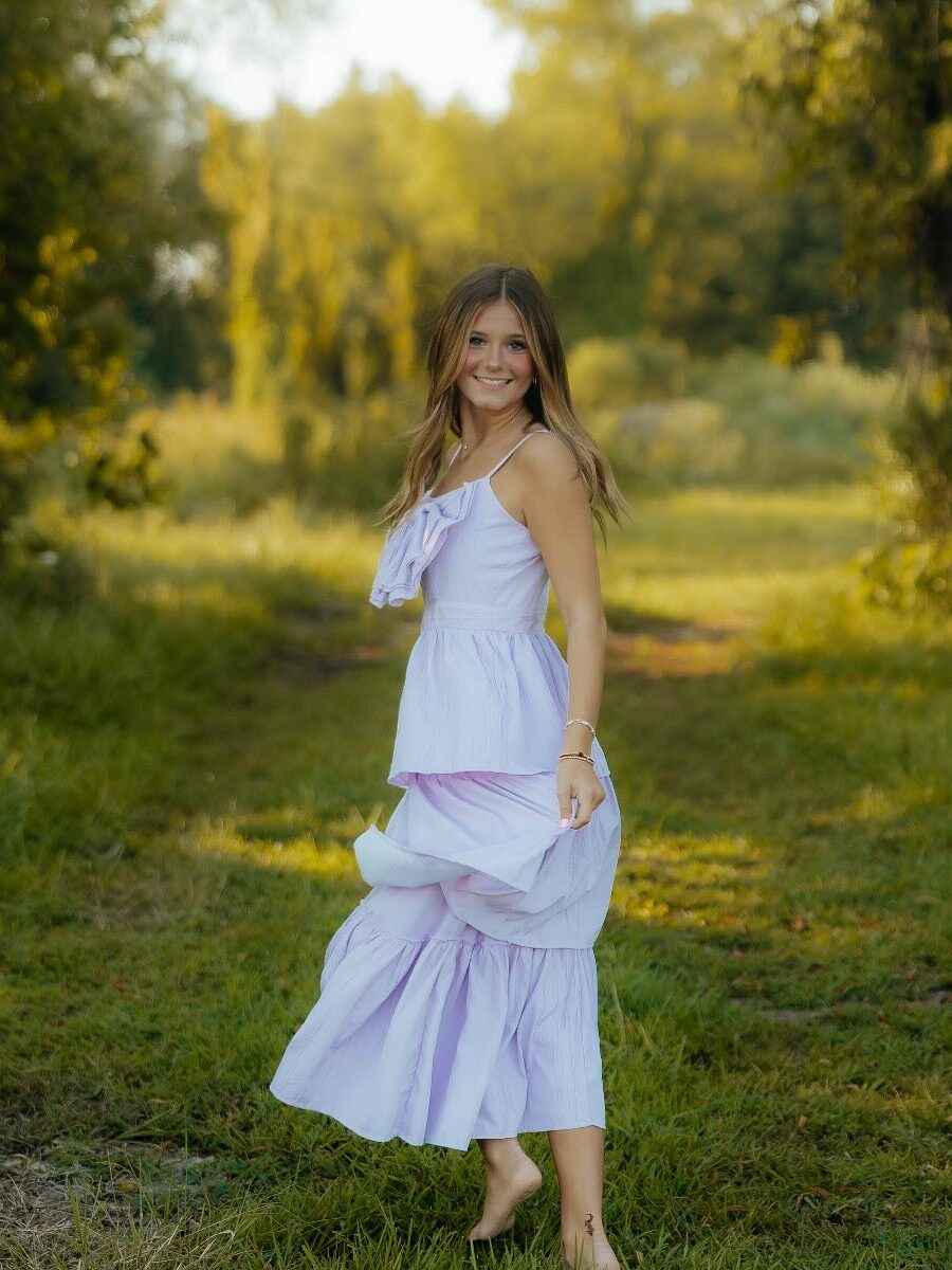 Lavender Tiered Long Prom Dress With Oversized Bow Bodice Detail