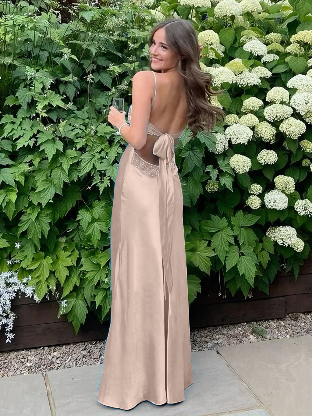 Blue A Line V Neck Beaded Back Tie Long Prom Dress