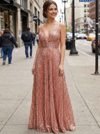 Rose Gold Sequin V-Neck A-Line Long Prom Dress