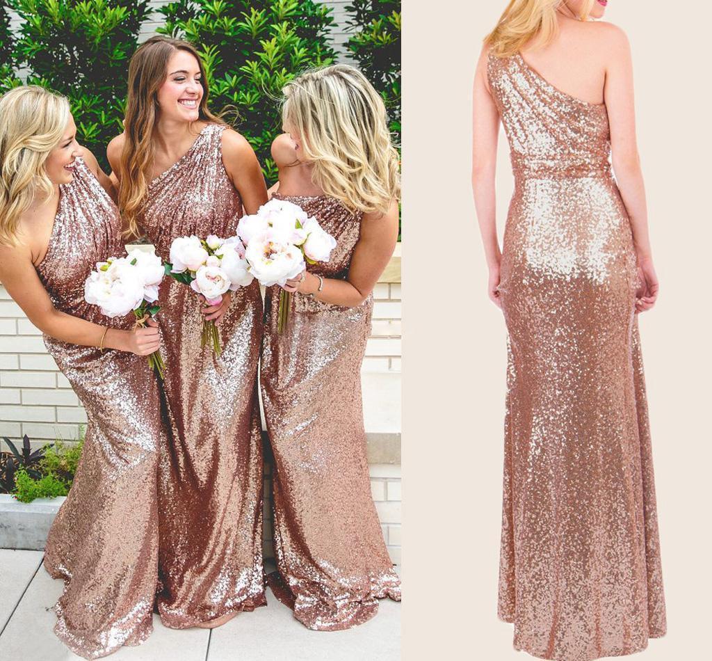 Abiti damigella scintillanti in oro rosa con paillettes e pizzo, monospalla BD096