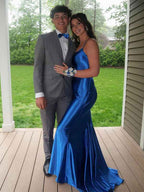 Pink Mermaid Satin Prom Dress With Spaghetti Straps And Lace Up Back