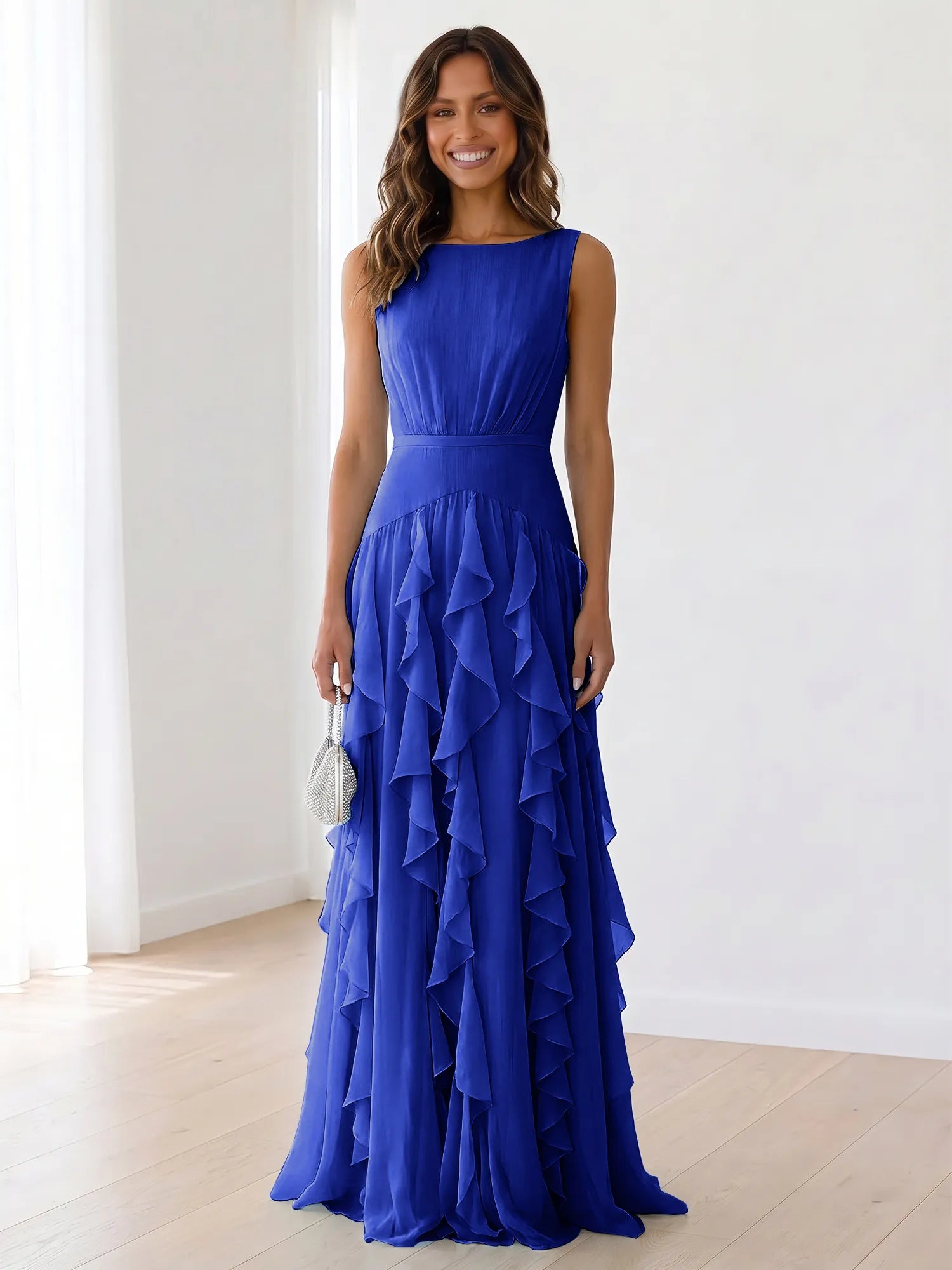 Sky Blue Tiered Chiffon Evening Maxi Dress With Ruched Bodice
