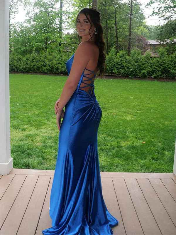 Pink Mermaid Satin Prom Dress With Spaghetti Straps And Lace Up Back