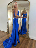 Dark Green Satin Mermaid Prom Dress With Spaghetti Straps And Cutouts