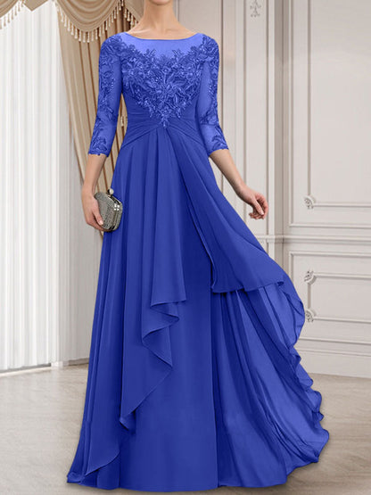 A-Linie, U-Ausschnitt, Illusion, bodenlanges Chiffon-Kleid für die Brautmutter mit kaskadierenden Rüschen